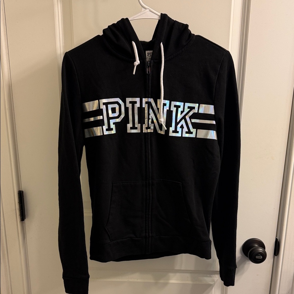 PINK Victoria’s Secret Black Zip-Up Hoodie with Holographic Logo